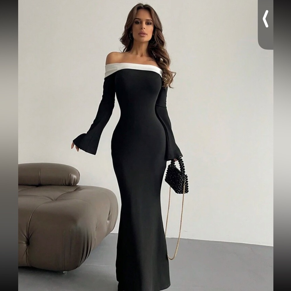 Off the shoulder bell sleeve black and white maxi dress